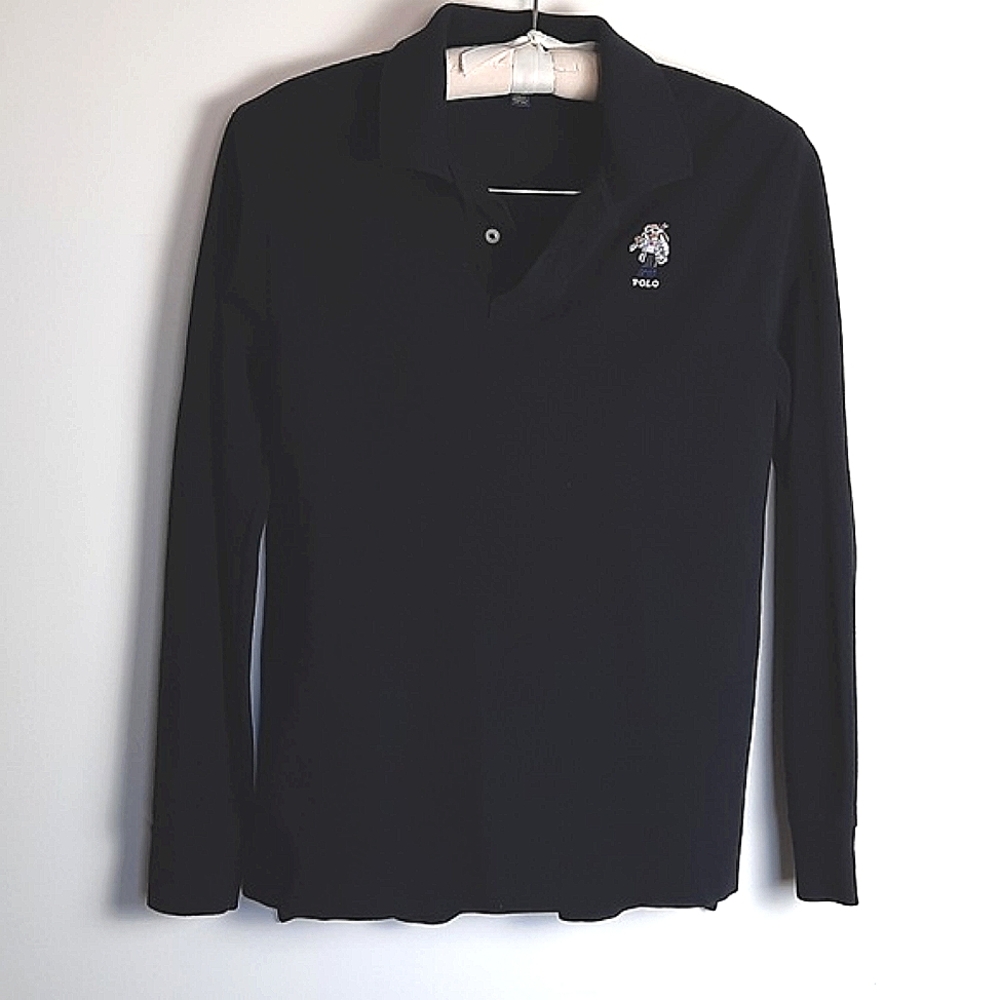 Polo Ralph Lauren, L/S Mesh Polo Top with Bear Logo in Black, Childre Size L